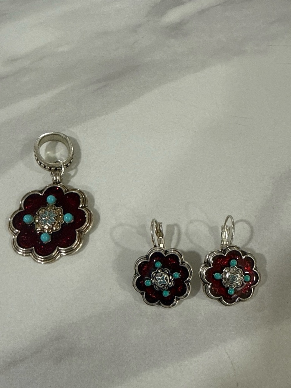 Silver Floral Red and Turquoise Pendant & Earring Set